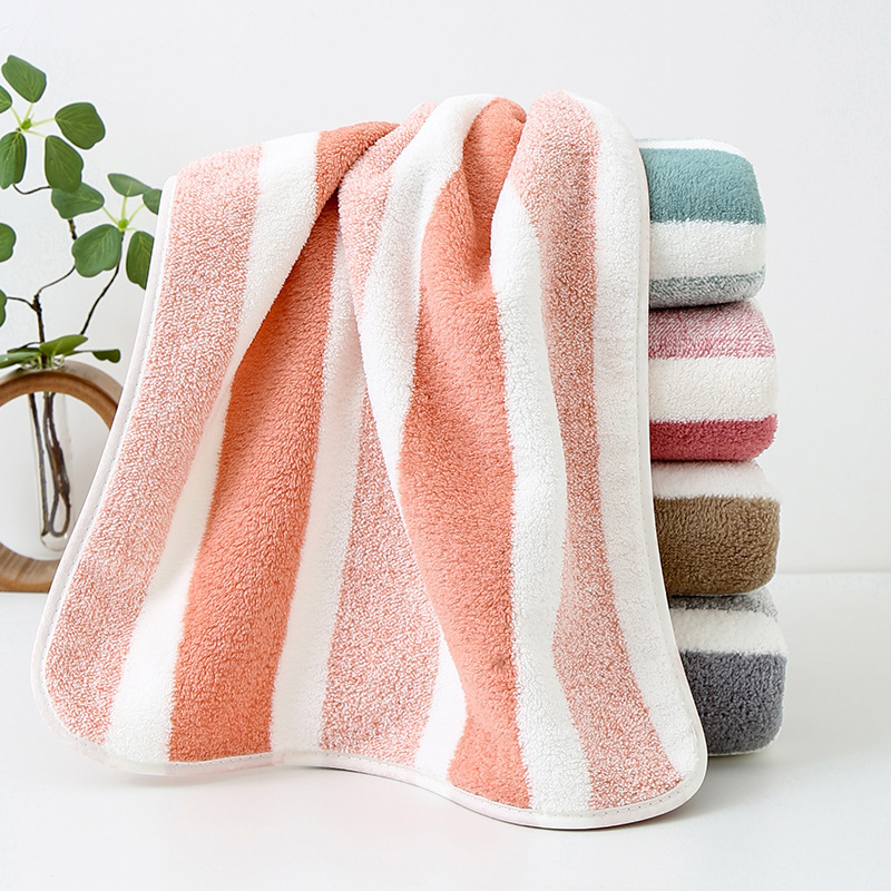Wholesale wide striped coral fleece bath towel household easy to fade can be wrapped ins wind couple absorbent quick-drying towel Wholesale wide striped coral fleece bath towel household easy to fade can be wrapped ins wind couple absorbent quick-drying towel