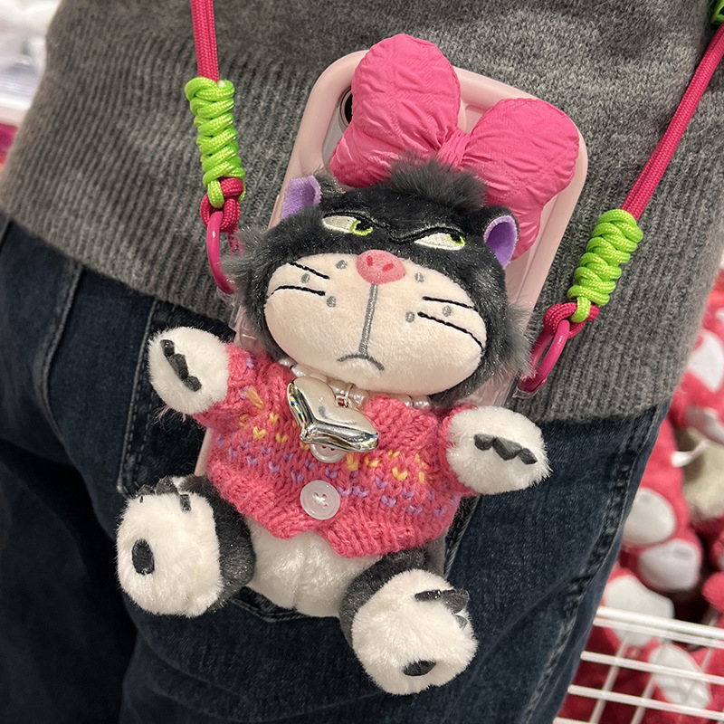 Teléfono móvil correa de cuerda ajustable desmontable encantador dibujos animados súper villanos felinos muñecas de peluche caja de teléfono móvil clip de espalda anti-perdida