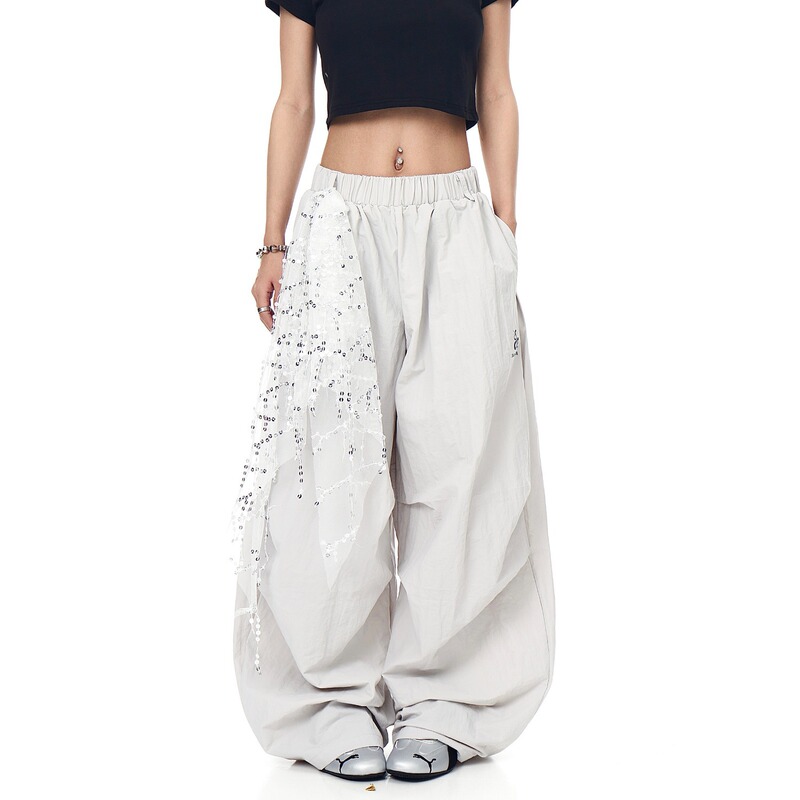 Cross-Border Manufacturer Direct Sale American Style Spicy Girl Tassel Sequin Loose Sweatpants Women Wide-Leg Casual Parachute Pants Summer