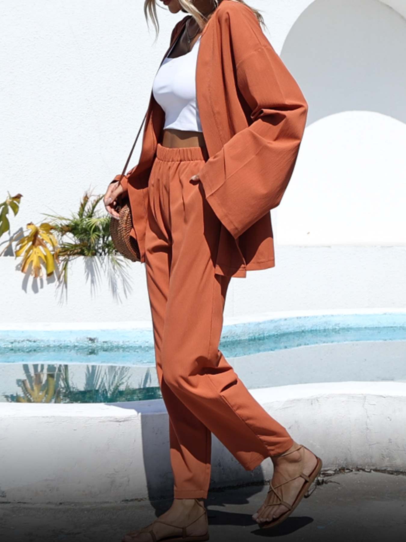  Nuovo vestito da donna di vendita caldo tinta unita in cotone e lino con maniche a tromba e pantaloni dritti casual in vita elastica_voghion.com