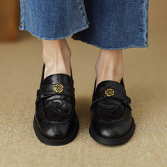 Lamb Skin Camellia Round Head Thick Sole Slip-On Retro Loafers for Women - Spring 2024