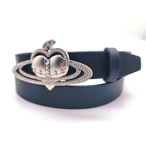Love Saturn Cross Crown R Letter Rhinestone Inlaid Metal Snap Button PU Decorative Belt Fashionable Design Style