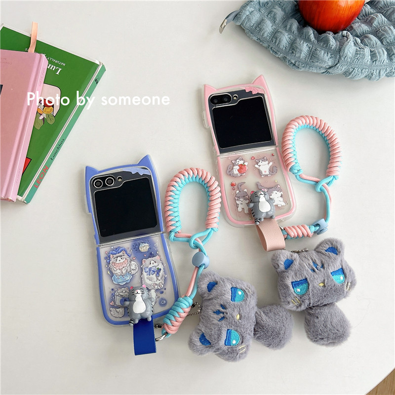 Cartoon Cat for Galaxy Z Flip6/4 Hanging Chain 5 Samsung Phone Case Cat Ear Folding 3 Protective Cover Soft Cartoon Cat for Galaxy Z Flip6/4 Hanging Chain 5 Samsung Phone Case Cat Ear Folding 3 Protective Cover Soft