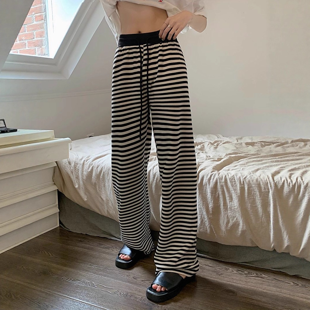 Black and White Striped Casual Pants for Women, Autumn High-Waisted Slimming Versatile Drawstring Straight-Leg Loose Drape Wide-Leg Long Pants