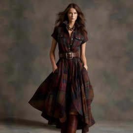 送皮带！欧美跨境26春夏新品复古格子短袖显瘦长款衬衣裙大摆连衣