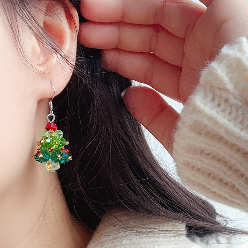 Boucles d'oreilles en perles faites à la main pour fille mignonne avec nœud rouge et sapin de Noël_voghion.com
