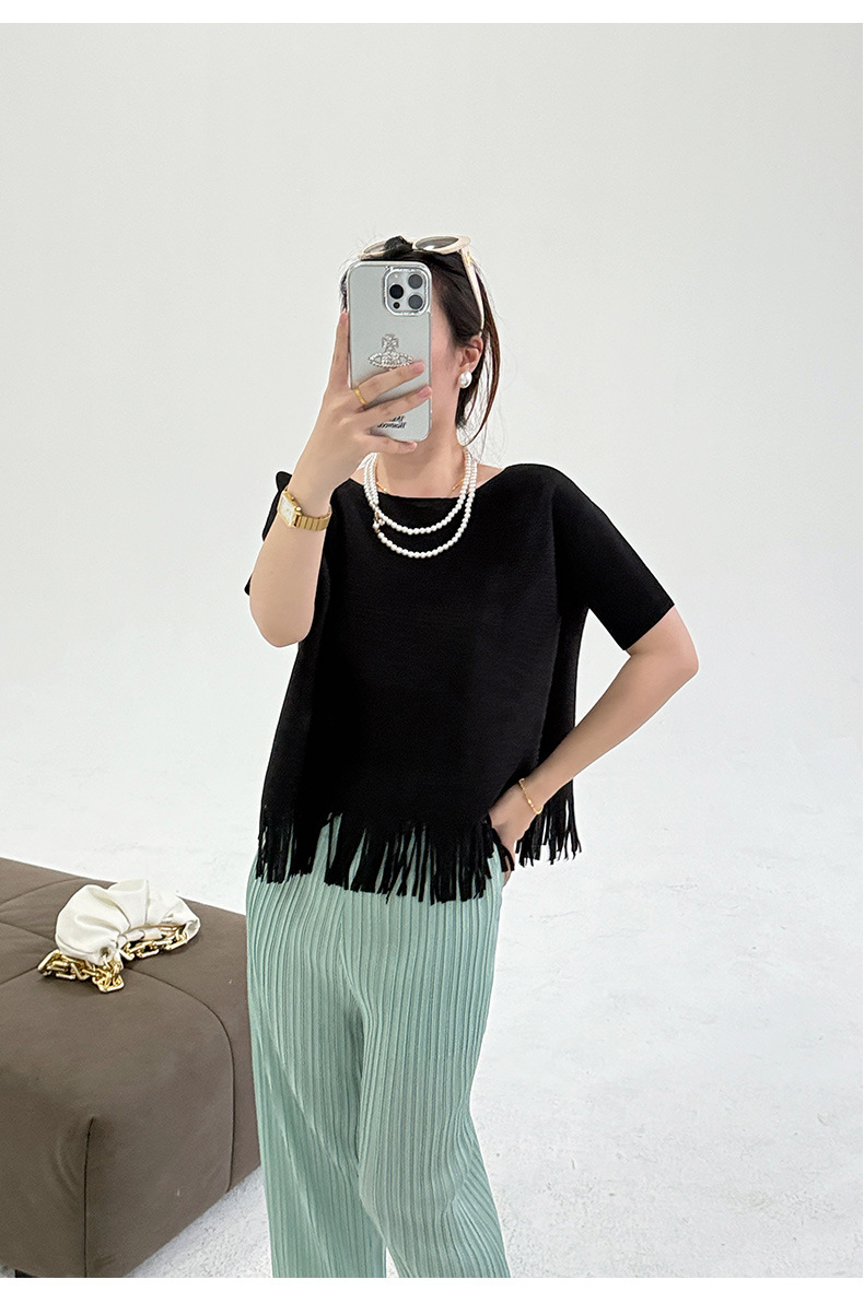 Áo thun nữ cổ tròn tay ngắn xếp ly tua rua form rộng — Màu xanh lam nhạt chi tiết 20
