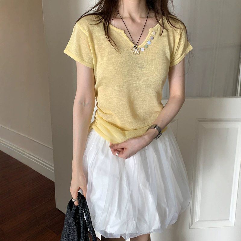 Weisong Guangzhou Thirteen Lines Korean-Style Design Niche Waist-Cinching Short-Sleeve Knit Top for Women, New Summer Casual Top Weisong Guangzhou Thirteen Lines Korean-Style Design Niche Waist-Cinching Short-Sleeve Knit Top for Women, New Summer Casual Top