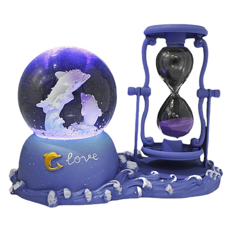 Reloj de Arena Delfín Creativo con Bola de Cristal, Caja Musical Luminosa, Decoración para Escritorio y Regalo