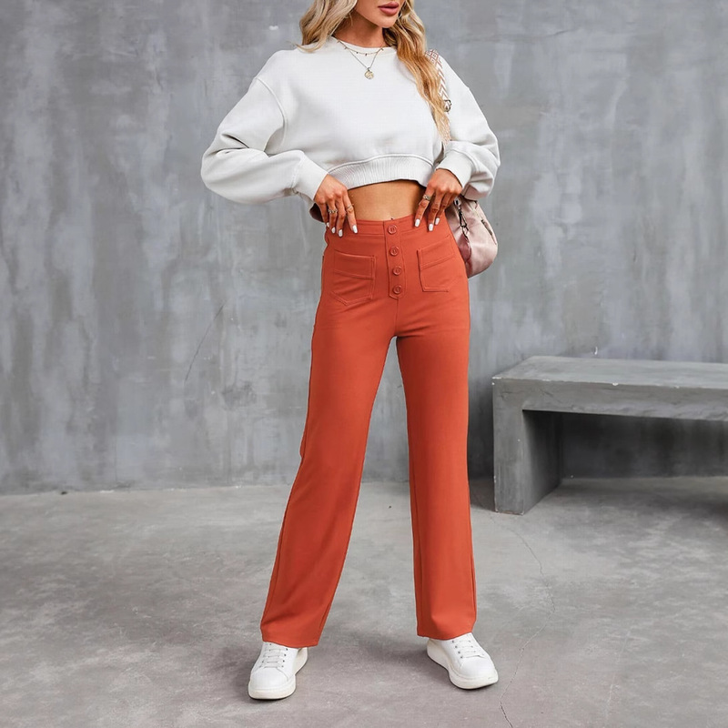 2025 New European and American Fashion New Women's Black Casual Straight Pants High Waist Button Elastic with Multiple Pockets