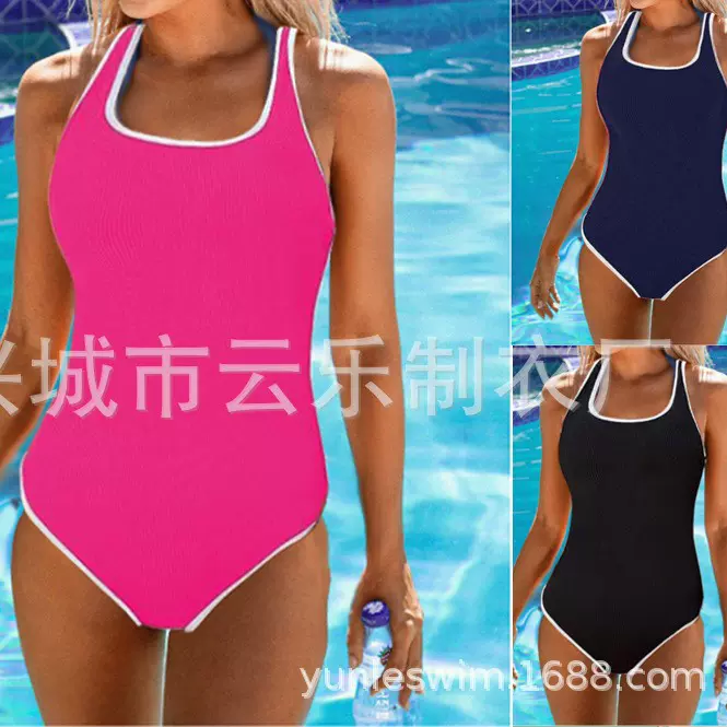 欧美亚马逊泳衣24女士性感连体泳装外贸跨境比基尼坑条撞色bikini