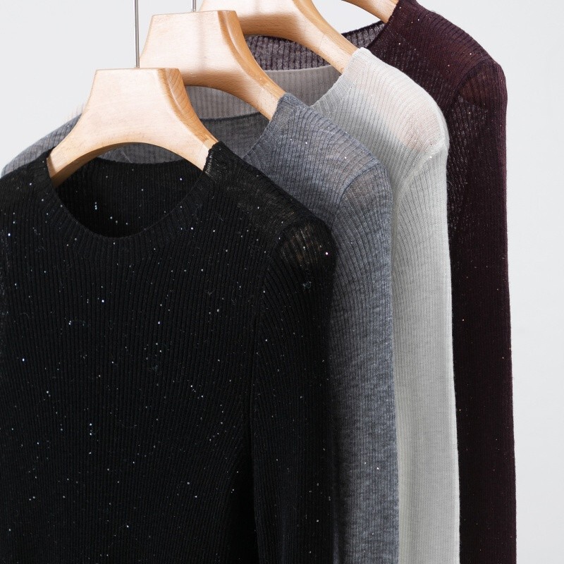 100% fine wool sequin half-high collar knitted base shirt for women, slim-fit thin sweater, fashionable and stylish for commuting 100% fine wool sequin half-high collar knitted base shirt for women, slim-fit thin sweater, fashionable and stylish for commuting