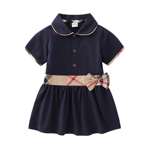 2024 New Arrival Girls' Collared Preppy-Style Skirt: Short-Sleeve Knitted Dress in Pure Cotton