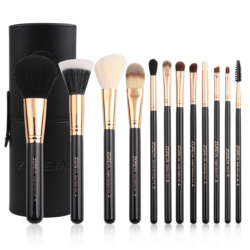 Fábrica personalizada profesional 12 conjuntos de cepillo de maquillaje de cuero PU barril de almacenamiento herramientas de maquillaje completo logotipo de etiqueta impresa