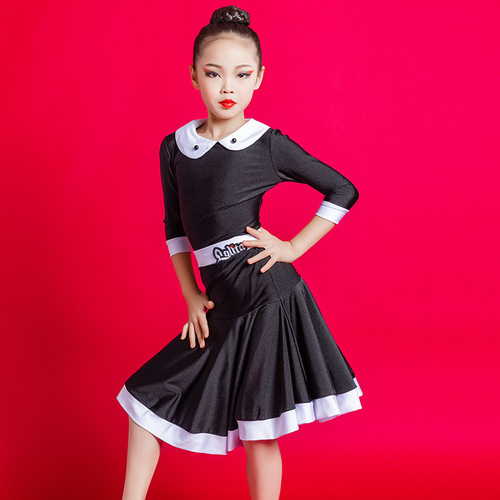 Children girls black with white Latin dance clothes practice exercise dresses for kids performance costumes set