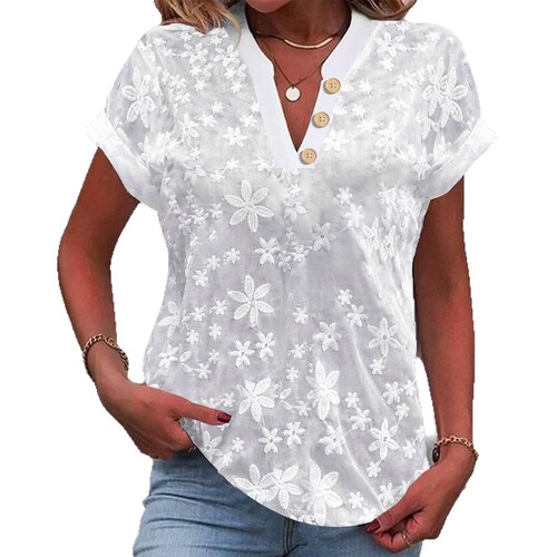 Women's V-neck Short Sleeve Plain Color Simple and Casual Summer Shirt for Independent Stations on Wish and Amazon in 2024