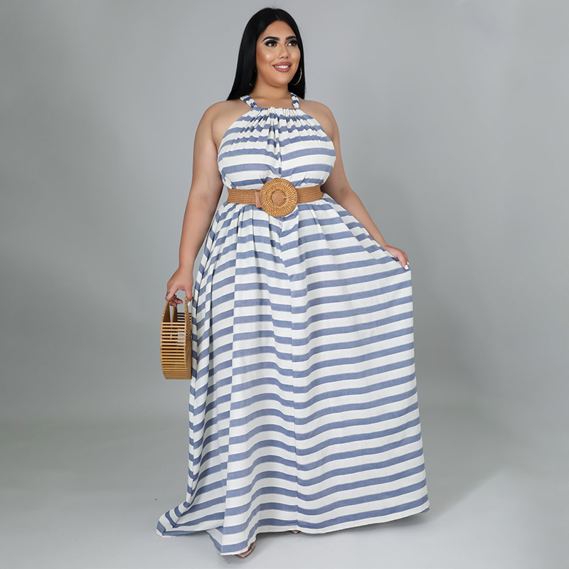 plus size Loose sleeveless lace-up striped Dress NSLNW122690