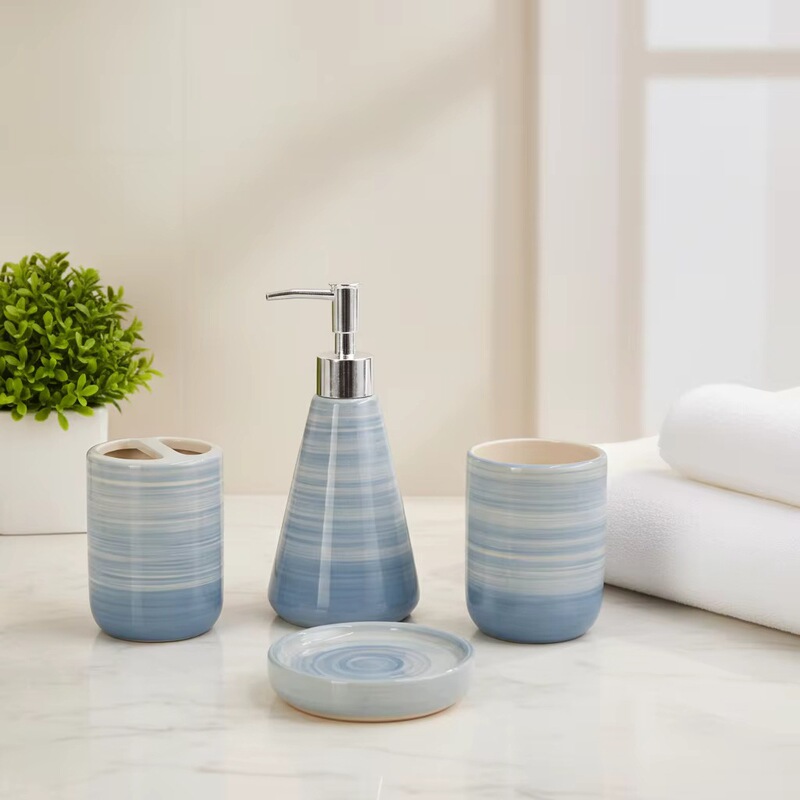 Hengfei Luxury Ceramic Stoneware Dolomite Bathroom Accessories Set 4-Piece Set Blue Gradient Stripes Easy to Clean