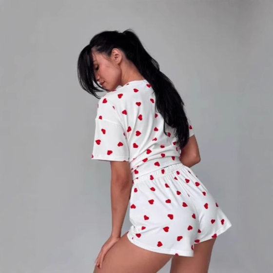Cross-border Europe and the United States slim new pajamas sweet hot girl round neck love printing soft short sleeve women's home clothes casual two