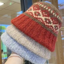 费尔岛氛围感针织提花毛线渔夫帽子女秋冬显脸小护耳保暖毛绒盆帽