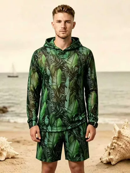 European and American men's plant-print hooded long-sleeve surfing suit, beach sun-protective quick-drying wetsuit, two-piece swimsuit