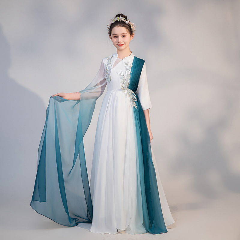 Guzheng performance costume for adult women, Chinese-style poetry recitation conductor attire, elegant, women's long dress for chorus performance