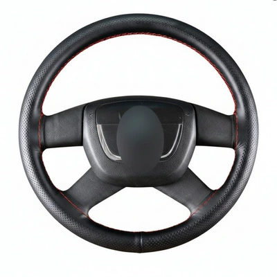Steering wheel cover universal non-slip cowhide car steering - black-leather-hole-red-line-38cm