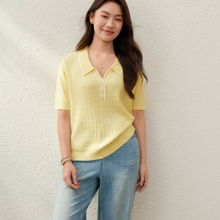 [Оптическое волокно Xi] Трикотаж с текстурированными лацканами Orufeng, тонкая и яркая женская одежда больших размеров, летняя одежда для полных мм, новый стиль