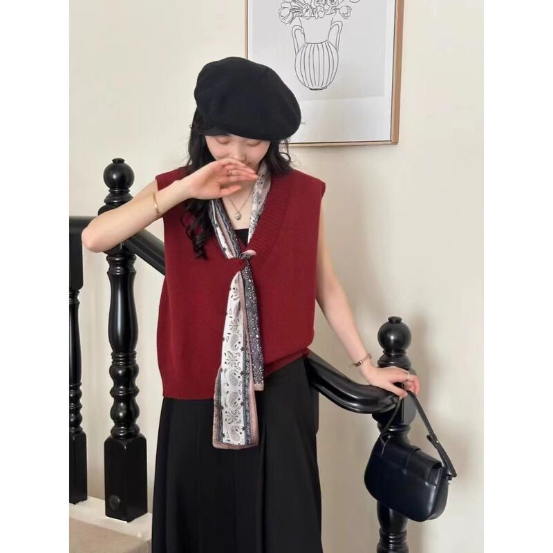 韩系v领纯色丝带针织马甲女2025秋冬季新款宽松百搭气质毛衣背心|undefined