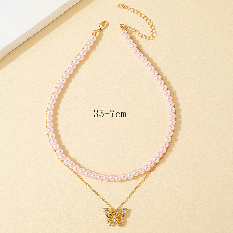 Fashion Diamond Butterfly Pendent Multi-layer Cute Pink Pearl Clavicle Chain Female display picture 2