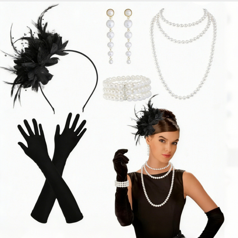 Halloween 1920S Gatsby Retro Hepburn Style Makeup Banquet Dance Party Dress Set Accessories Halloween 1920S Gatsby Retro Hepburn Style Makeup Banquet Dance Party Dress Set Accessories