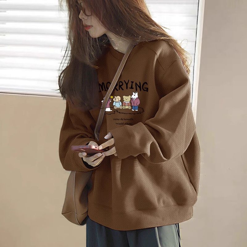 khaki Spring Autumn and Winter Lazy Style fleece-lined Thickened Hoodie Women's Small Loose Top Cartoon Print khaki Spring Autumn and Winter Lazy Style fleece-lined Thickened Hoodie Women's Small Loose Top Cartoon Print