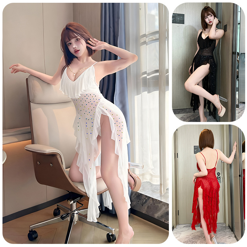 Sexy Sequined Mesh See-Through Deep V Pearl Decorated Low-Cut Suspender Skirt Waist Backless Temptation Multi-Color Nightgown 981