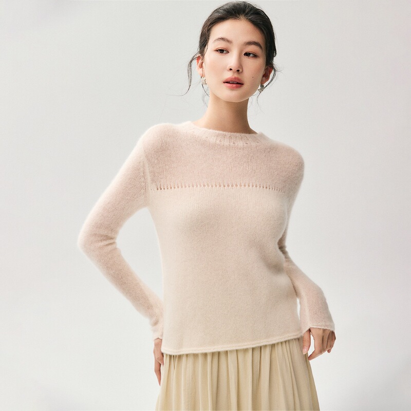 New autumn and winter collection: women’s round-neck, pullover-style, silk-cashmere knit sweater with a hollow-out design, soft and gentle on the skin, perfect as a base layer New autumn and winter collection: women’s round-neck, pullover-style, silk-cashmere knit sweater with a hollow-out design, soft and gentle on the skin, perfect as a base layer