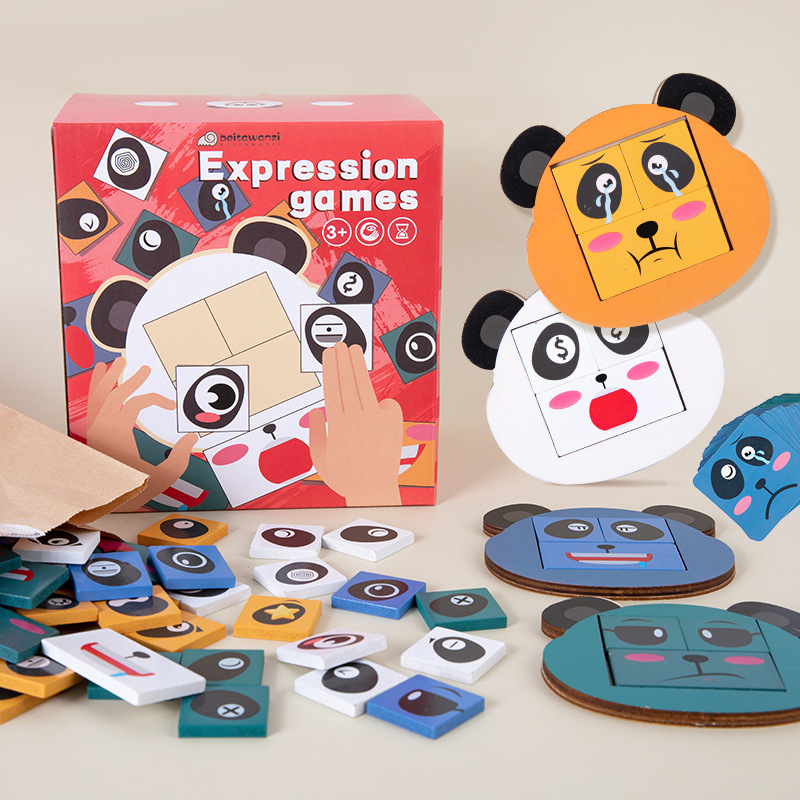 Educación temprana para niños Panda expresión facial cara cambiante bloques de construcción rompecabezas tridimensional bloques de construcción batalla cubo a juego juguetes de madera image 3