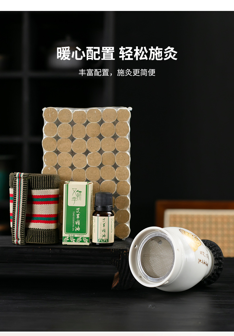 Ceramic Moxibustion Jar with Gua Sha Lid Double Layer Heat Shield Home Warming Tool with Cloth Sleeve in use