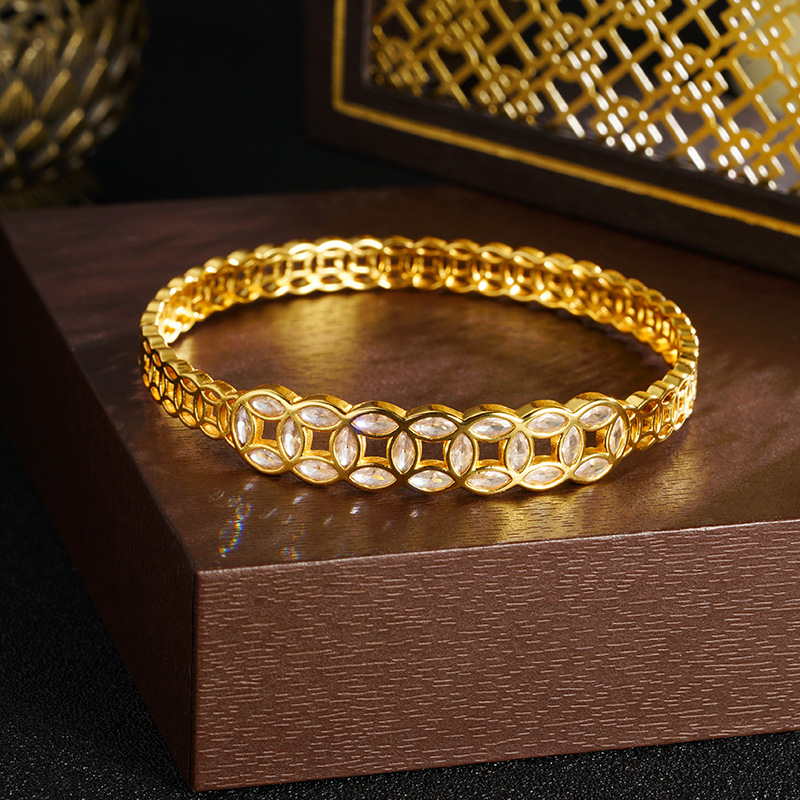 Dinero de bronce de estilo nacional de oro de Vietnam hueco micro brazalete de fijación no se desvanecerá durante mucho tiempo lujo ligero y alta sensación de joyería suministro