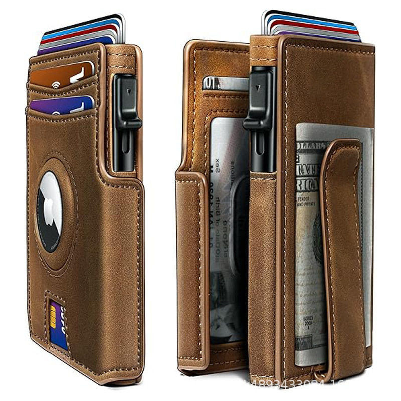 Cross-Border Airtag Wallet Carbon Fiber Pattern Leather Wallet Multi-Card Slot Short Metal Card Box Men's Wallet