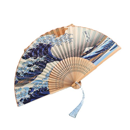 Japanese silk fan cartoon fan wave female fan bamboo fan Japanese craft fan kimono fan cheongsam catwalk
