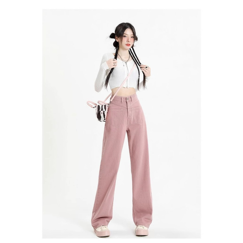 [Non-Real Shot Special Price] Pink Straight Loose High Waist Jeans Women's All-match Wide Leg Slim Trendy Mop Pants