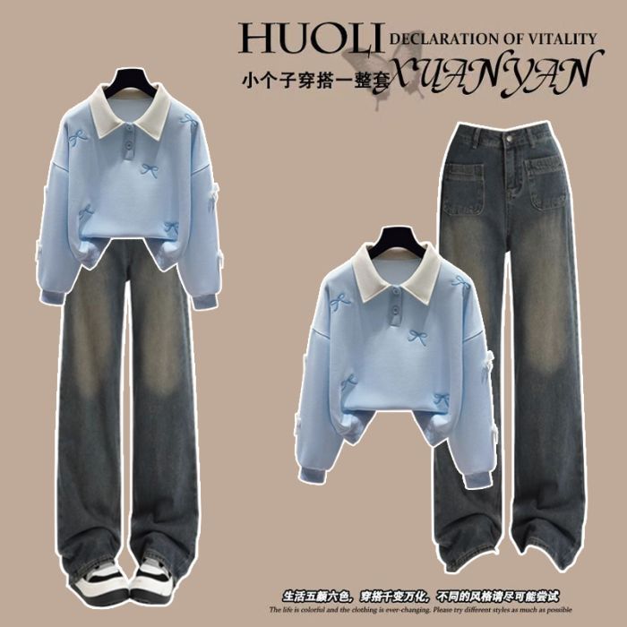 Fashion Suit # Polo Collar Bow Embroidered Preppy Style Sweatshirt Paired with Straight High-Waisted Retro Jeans