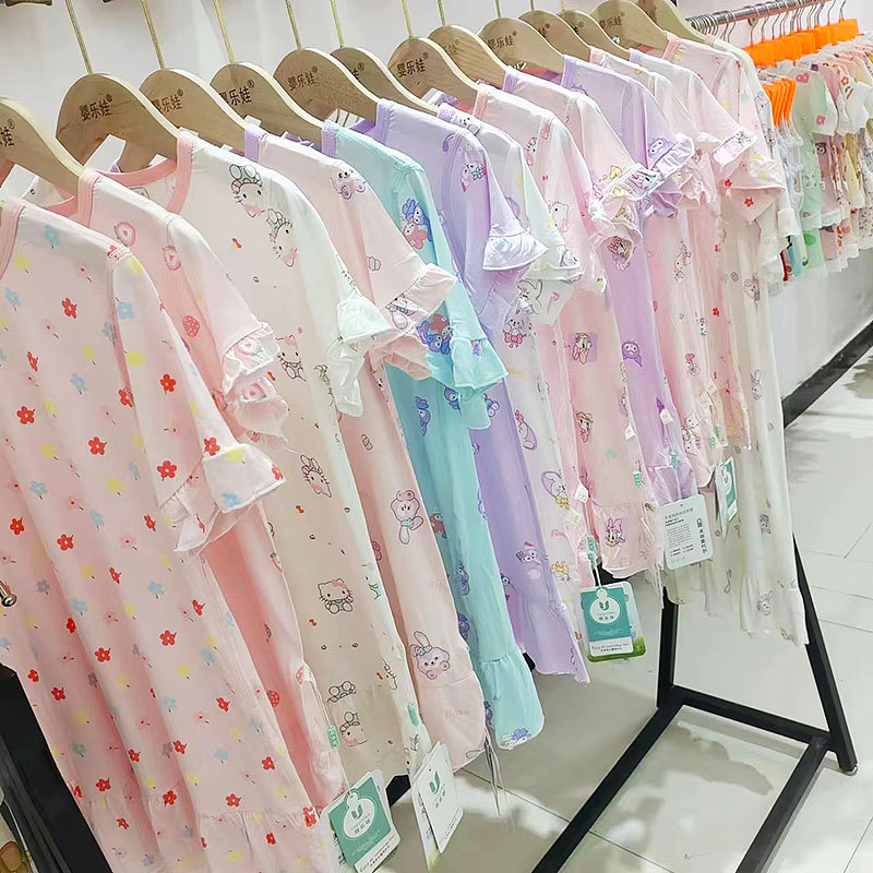 Summer New Girls' Tencel Modal Nightgown Children's Lace Dress Air Conditioning Home Sleepwear Short-Sleeve Dress