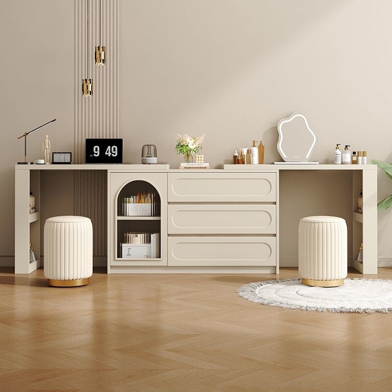 French-Style Cream-Colored Dresser and Vanity Table Combo, Minimalist Design for Small Apartments, Trendy Ins-Style Makeup Table and Cabinet