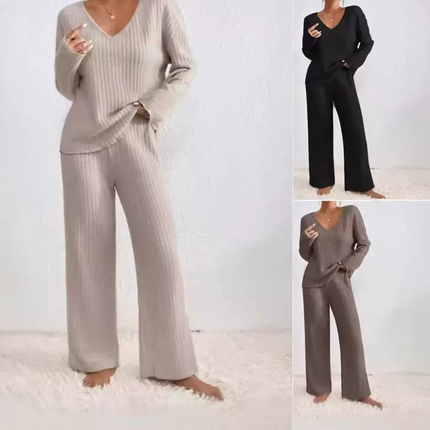 欧美跨境秋冬新款两件套时尚休闲直筒裤气质宽松V领坑条针织套装