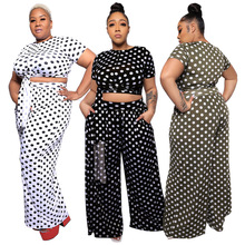 2022跨境初夏新款亚马逊欧美女装时尚波点印花休闲大码套装两件套