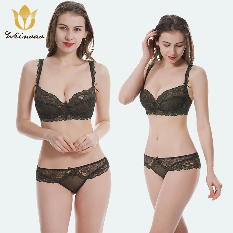 Large size set, women's sexy lace lingerie underwear, gathered adjustable bra_voghion.com