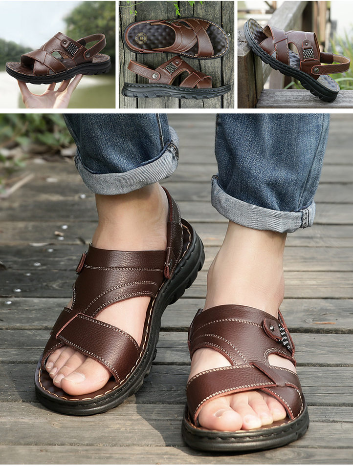 Dép sandal nam da bò lớp đầu hở ngón, dép đi biển da thật thoáng khí chống trượt size lớn — 10135 màu đen, 10888 màu đen, 12129 màu đen, 12129 vàng nâu chi tiết 6