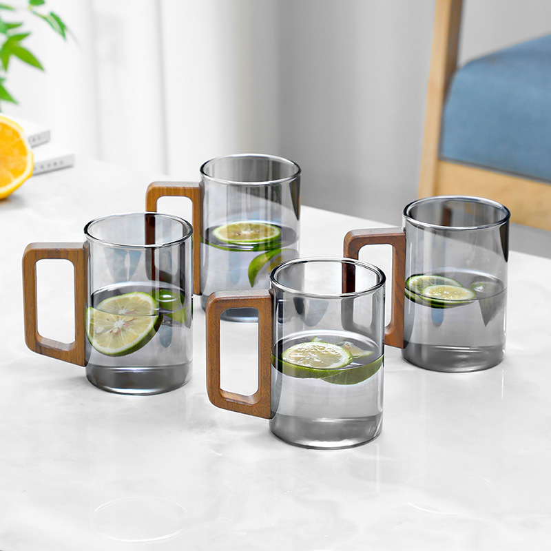 Taza de té de vidrio con mango de madera transfronterizo, resistente a altas temperaturas, juego de tazas para sala de estar, juego de tazas de agua para el hogar, hervidor de agua para hospitalidad.