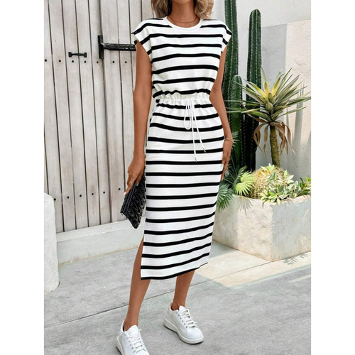Women's Black and White Striped Split Neckline Casual Dress for Independent E-commerce Stores in Europe and America