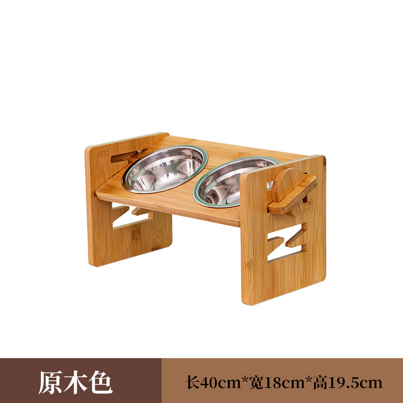 En stock bambú Pet Tazón estante solo Tazón doble tazón de fuente de alimentación de mascotas estante de madera estante de alimentos con acero inoxidable tazón